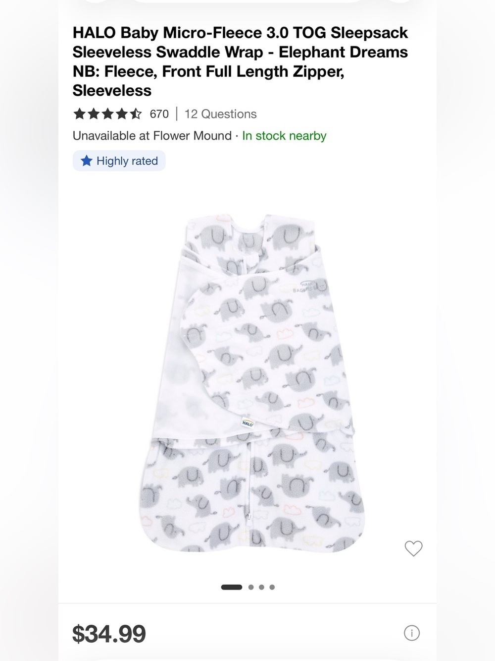 Halo Grey Elephant Fleece Sleep Sack with Pastel Accents